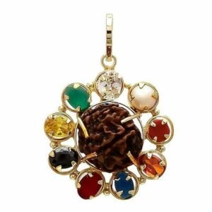 Ashtadhatu Metal 5 Face Nepal 5 Mukhi Rudraksha with Synthetic Navratan Pendant for Men and Women (1 Piece)