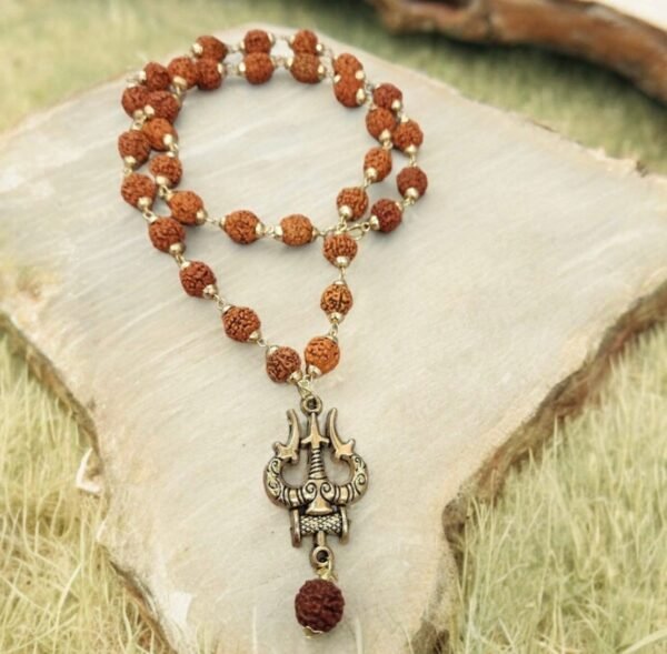 7 Mukhi Gold Plated Trishul Rudraksha Mala With Pendant For Men & Women - Image 3