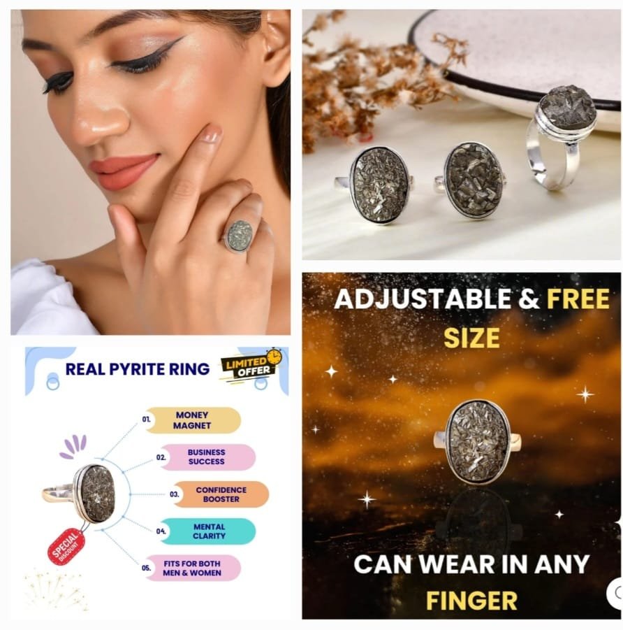 Pyrite Stone Original Ring - Certified Pyrite Ring for Women and Men - Real Pirate Stone Crystal Ring for Money, Wealth, Abundance and Success - Image 2