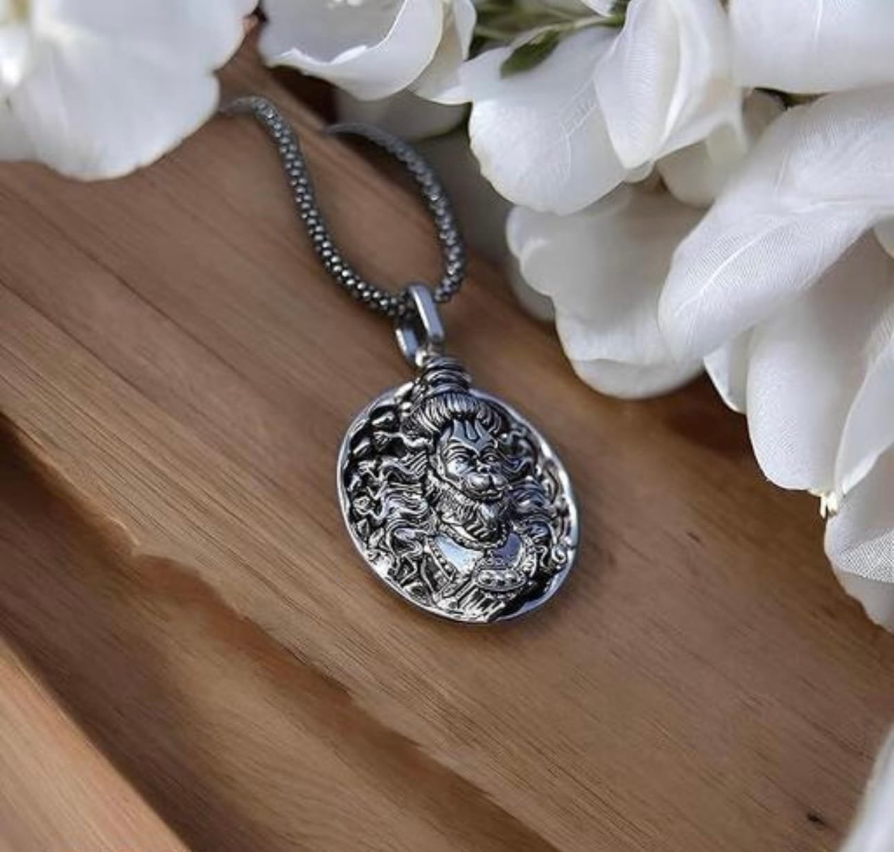 Silver-Plated God Hanuman Pendant Lord Bajrang Bali Locket+Chain For Men & Women