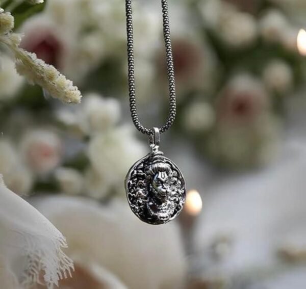 Silver-Plated God Hanuman Pendant Lord Bajrang Bali Locket+Chain For Men & Women - Image 3